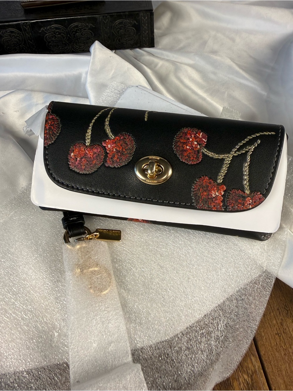 Coach Cherry Print Leather Sunglass Case Black Multi CDD74 New